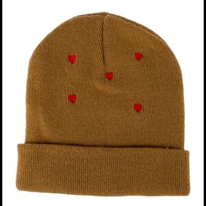 THE GREAT. Brown Knit Beanie with Pink Heart Embroidery
